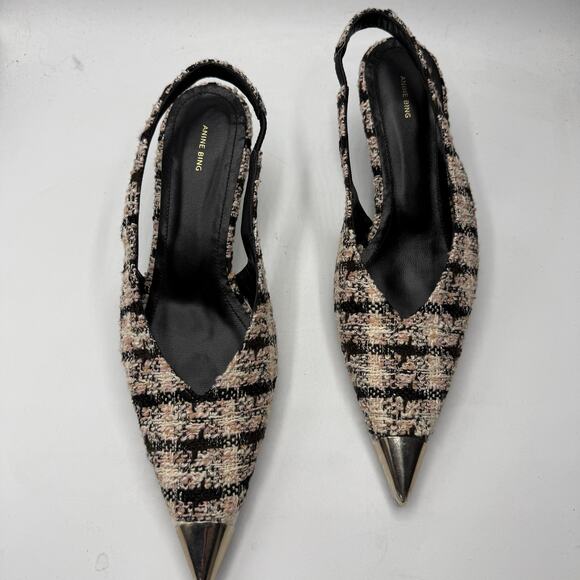 NEW Anine Bing Nina Heels With MEtal Cap toe Apricot Tweed Size 41 US 11 - Picture 5 of 14